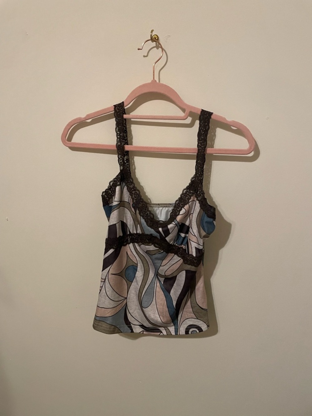 Women’s Patterned Lace-Trim Cami Tank Top - Blue/Gray